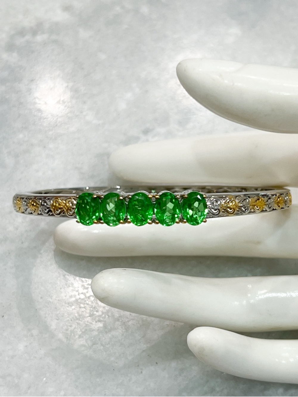 Chartreuse Quartz 18K Gold Plated Silver Bangle Bracelet 7.25”